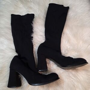 Hillard & Hanson Women's Size 9.5M Knee High Black Sock Boots Square Toe Retro